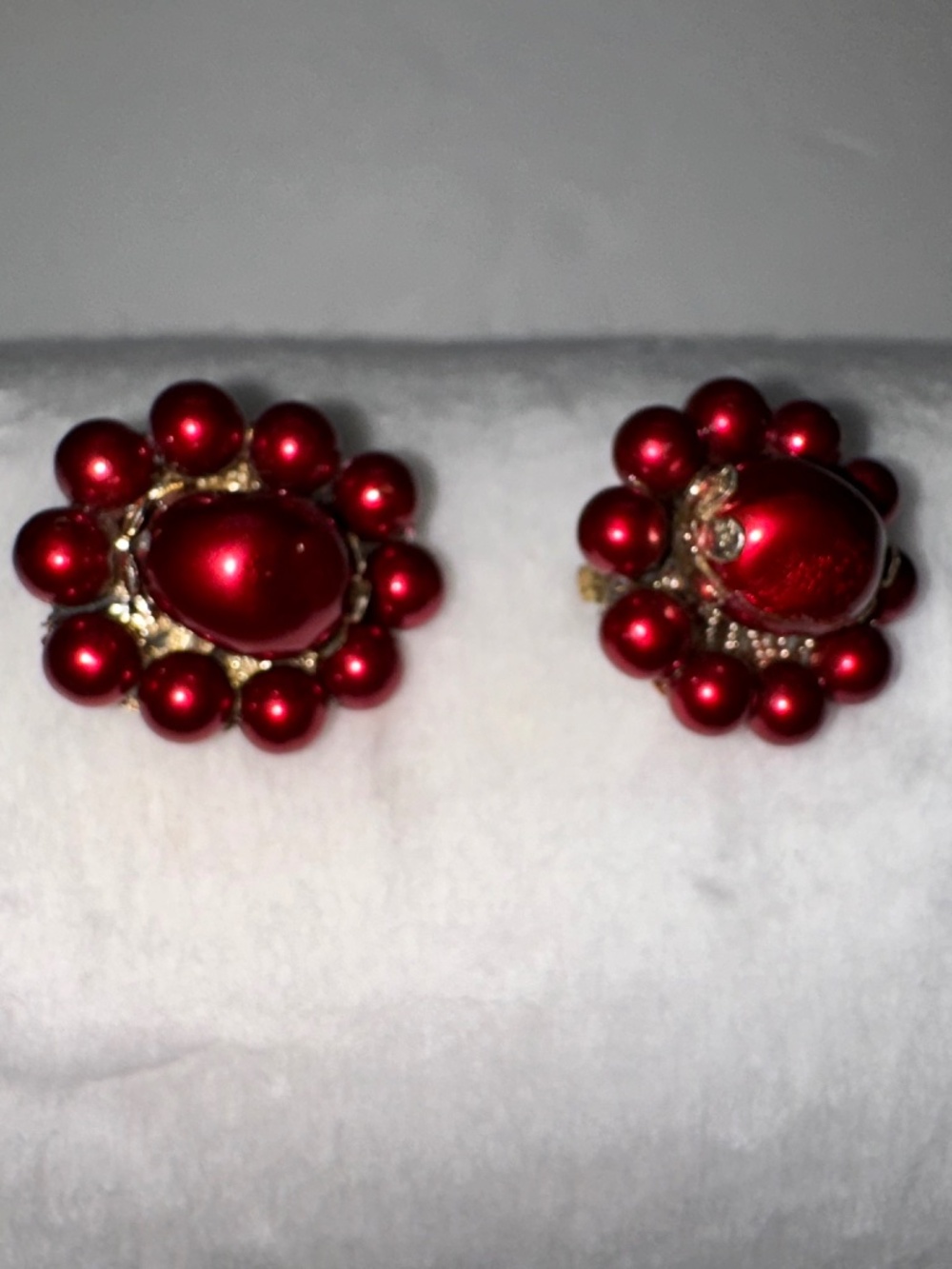 Vintage Japan Red Faux Pearl Clip Earrings